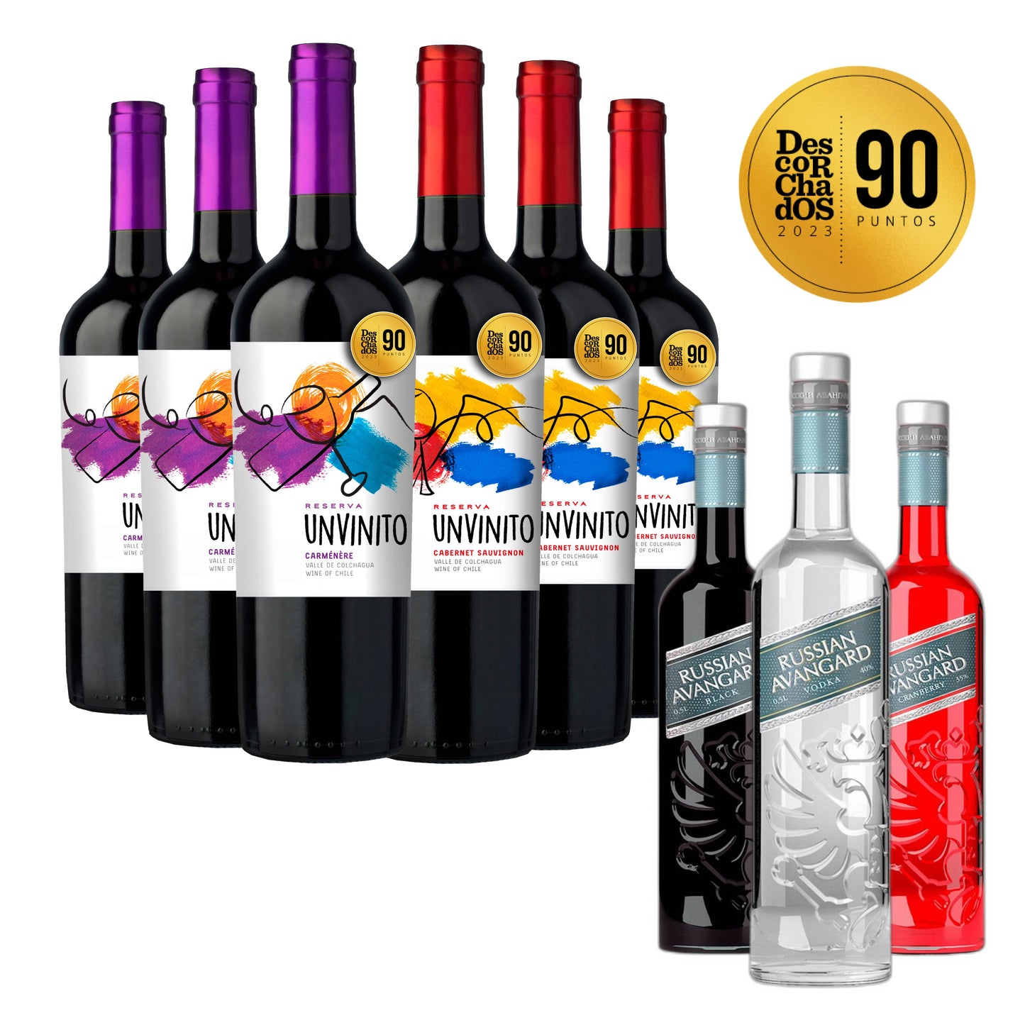 Pack-6-botellas-vino-de-autor-unvinito-con-3-botellas-de-vodka-ruso-russian-avangard-variedades