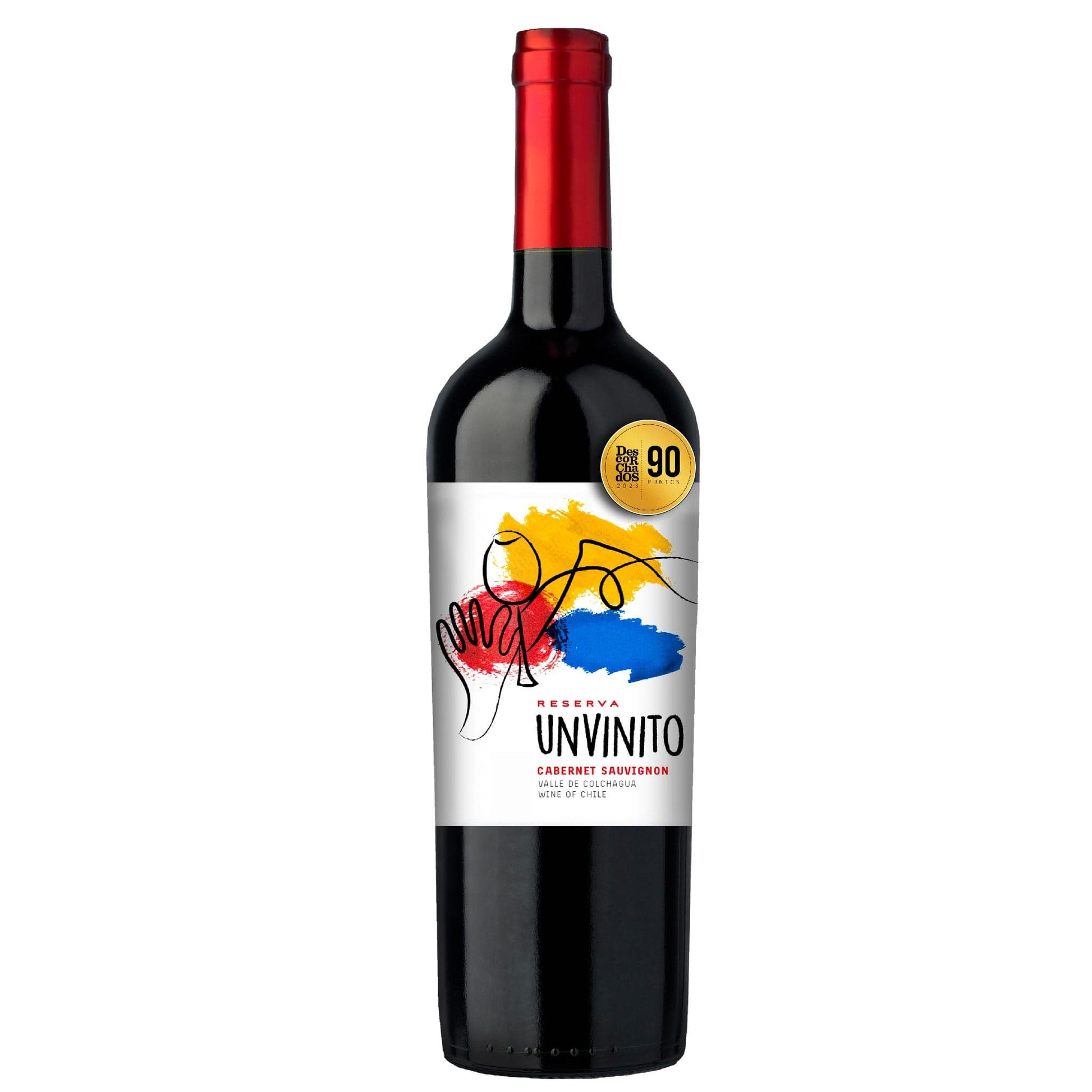 Botella de vino unvinito cabernet sauvignon con medalla 90 puntos guia descorchados